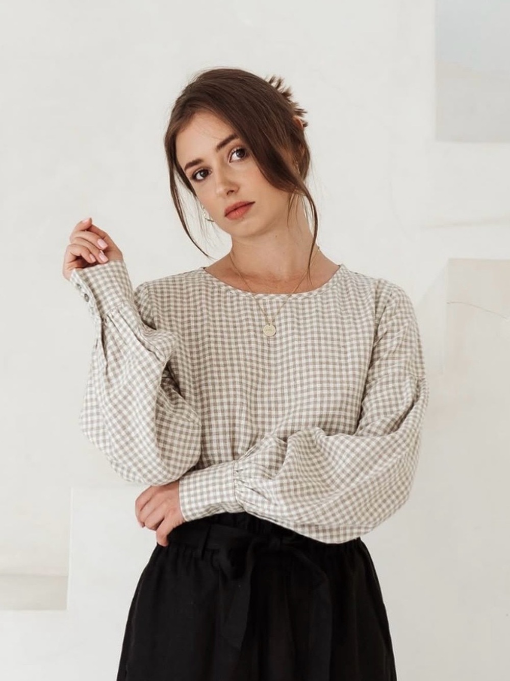 Free People Cream and Taupe Gingham Balloon Sleeve Blouse